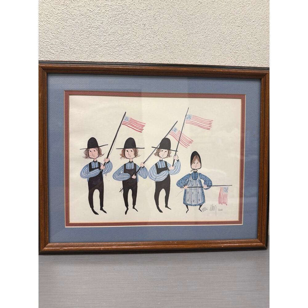 P. Buckley Moss July Four 1982 Print 289/1000 Signed Framed Children Flags 4th